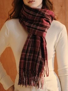 Opalesca Women's Plaid Knit Long Red Scarf Shawl, Popular Thick Warm Shawl, Non-Elastic Decorative Plaid, Suitable For University Campus - Red Wine Black Currant - View 3