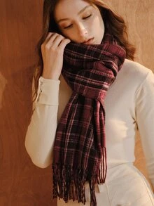 Opalesca Women's Plaid Knit Long Red Scarf Shawl, Popular Thick Warm Shawl, Non-Elastic Decorative Plaid, Suitable For University Campus - Red Wine Black Currant - View 7