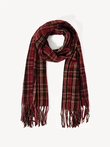 Opalesca Women's Plaid Knit Long Red Scarf Shawl, Popular Thick Warm Shawl, Non-Elastic Decorative Plaid, Suitable For University Campus - Red Wine Black Currant - View 6