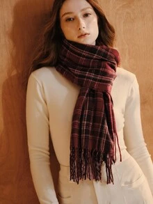Opalesca Women's Plaid Knit Long Red Scarf Shawl, Popular Thick Warm Shawl, Non-Elastic Decorative Plaid, Suitable For University Campus - Red Wine Black Currant - View 13