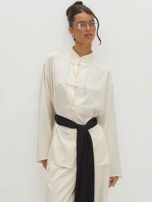 MUSEYN Cream Satin Knot Detail Fasten Oversized Blouse With Black Tassel Belt Versatile Evening Date Night Chic New Season Fall Party Elagant Halloween - Cream - View 1