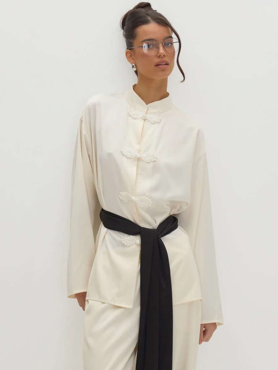 MUSEYN Cream Satin Knot Detail Fasten Oversized Blouse With Black Tassel Belt Versatile Evening Date Night Chic New Season Fall Party Elagant Halloween - Cream - View 1
