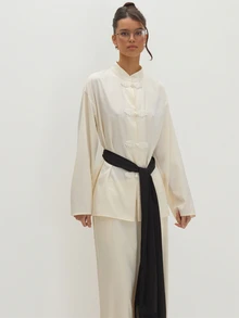 MUSEYN Cream Satin Knot Detail Fasten Oversized Blouse With Black Tassel Belt Versatile Evening Date Night Chic New Season Fall Party Elagant Halloween - Cream - View 2