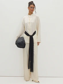 MUSEYN Cream Satin Knot Detail Fasten Oversized Blouse With Black Tassel Belt Versatile Evening Date Night Chic New Season Fall Party Elagant Halloween - Cream - View 3