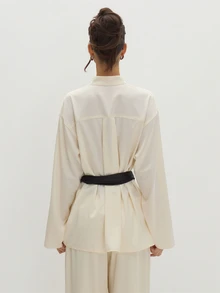MUSEYN Cream Satin Knot Detail Fasten Oversized Blouse With Black Tassel Belt Versatile Evening Date Night Chic New Season Fall Party Elagant Halloween - Cream - View 5
