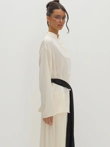 MUSEYN Cream Satin Knot Detail Fasten Oversized Blouse With Black Tassel Belt Versatile Evening Date Night Chic New Season Fall Party Elagant Halloween - Cream - View 4