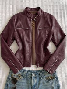Comfortcana Women's Solid Color PU Leather Fashion Versatile Daily Wear Long Sleeve Jacket - Burgundy - View 1