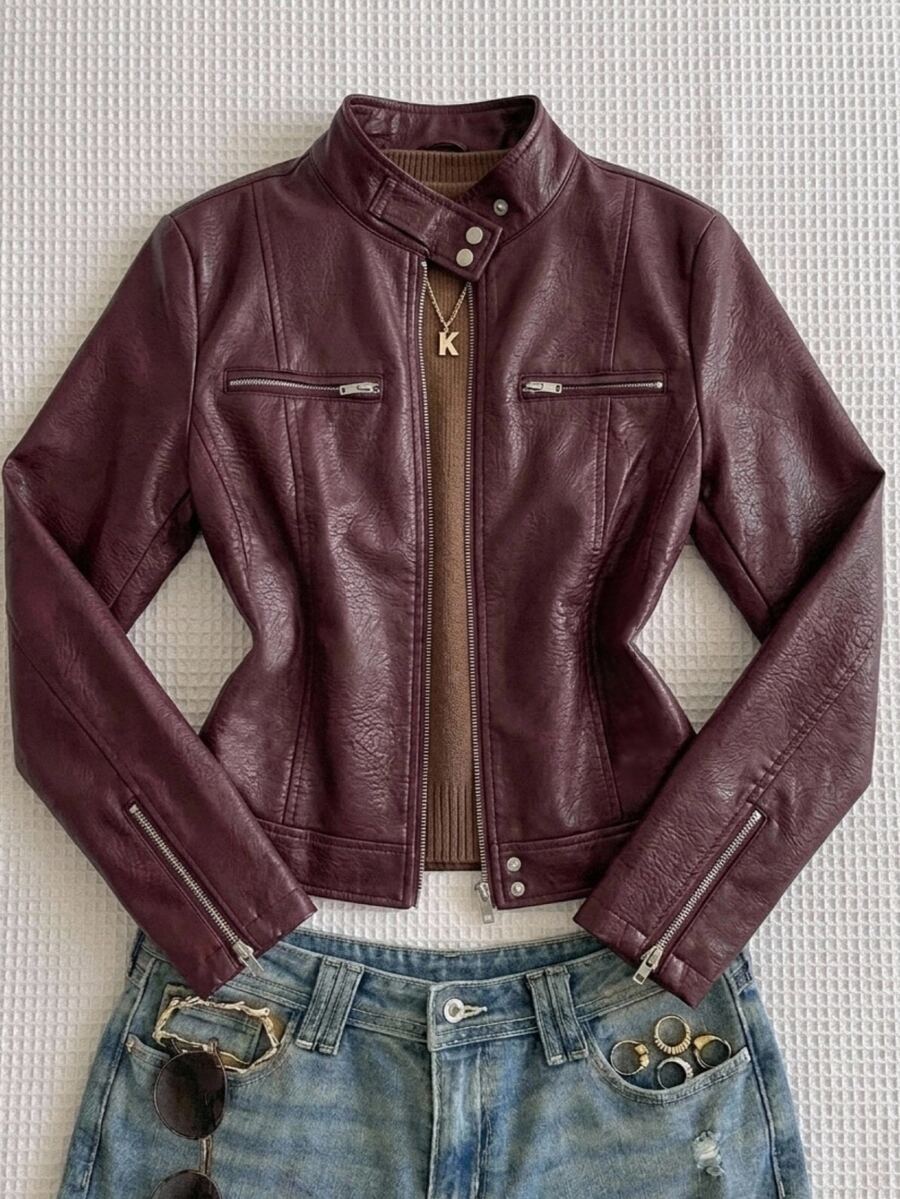 Comfortcana Women's Solid Color PU Leather Fashion Versatile Daily Wear Long Sleeve Jacket - Burgundy - View 1