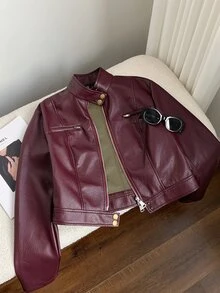 Comfortcana Women's Solid Color PU Leather Fashion Versatile Daily Wear Long Sleeve Jacket - Burgundy - View 6
