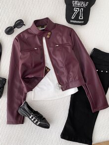 Comfortcana Women's Solid Color PU Leather Fashion Versatile Daily Wear Long Sleeve Jacket - Burgundy - View 7