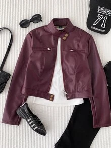 Comfortcana Women's Solid Color PU Leather Fashion Versatile Daily Wear Long Sleeve Jacket - Burgundy - View 5