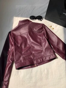 Comfortcana Women's Solid Color PU Leather Fashion Versatile Daily Wear Long Sleeve Jacket - Burgundy - View 2