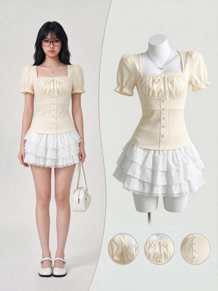 Elamini Women's Contrast Lace Bow Decor Short Sleeve T-Shirt - Beige - View 1