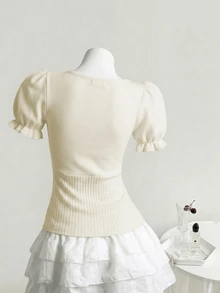 Elamini Women's Contrast Lace Bow Decor Short Sleeve T-Shirt - Beige - View 2