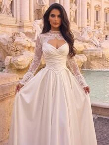 Glamrae Elegant Formal Luxurious Stretch Lace Embroidered Jacket With Sheer Sleeves, Satin Ruched Oversized Flared Hem And Train, Wedding White Fall - White - View 1