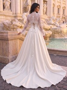 Glamrae Elegant Formal Luxurious Stretch Lace Embroidered Jacket With Sheer Sleeves, Satin Ruched Oversized Flared Hem And Train, Wedding White Fall - White - View 3