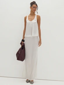 MUSEYN White Satin Jacquard Scoop Neck Racer Back Detail Floaty Top Versatile Evening Date Night Chic New Season Fall Party Elagant - White - View 3