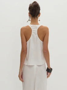 MUSEYN White Satin Jacquard Scoop Neck Racer Back Detail Floaty Top Versatile Evening Date Night Chic New Season Fall Party Elagant - White - View 5