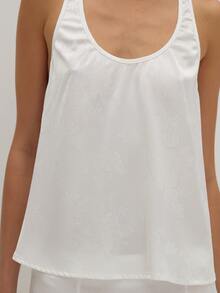 MUSEYN White Satin Jacquard Scoop Neck Racer Back Detail Floaty Top Versatile Evening Date Night Chic New Season Fall Party Elagant - White - View 6