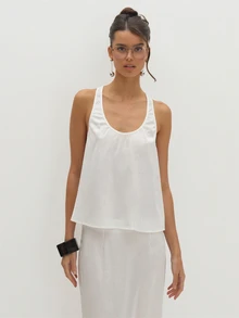 MUSEYN White Satin Jacquard Scoop Neck Racer Back Detail Floaty Top Versatile Evening Date Night Chic New Season Fall Party Elagant - White - View 2