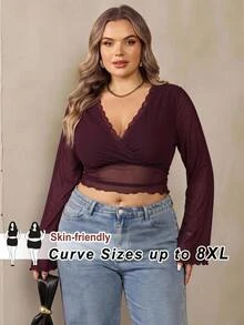 SHEIN CURVE+ Plus Size 22W Autumn/Winter New Solid Color Mesh & Lace Patchwork Long Sleeve Sexy Top, Elegant Party Style, Christmas Fall - Burgundy - View 1