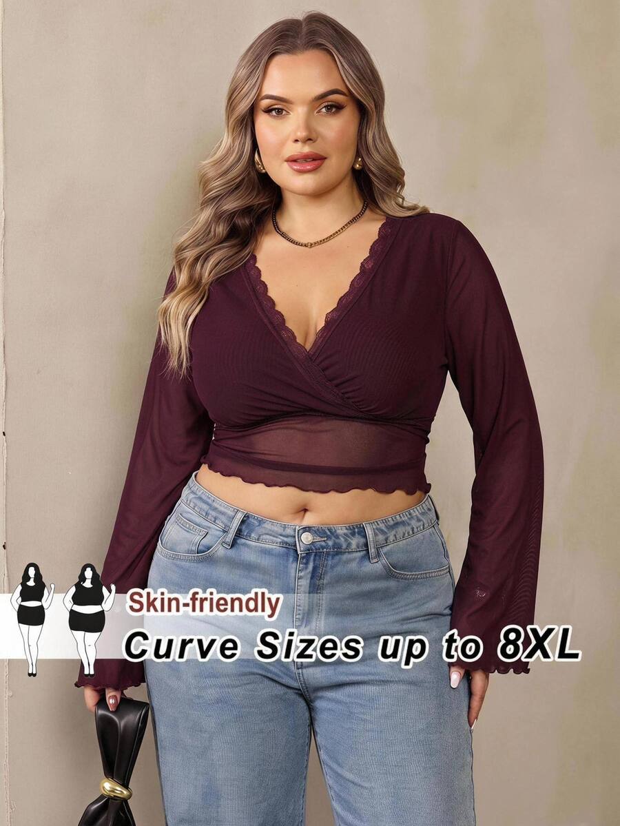 SHEIN CURVE+ Plus Size 22W Autumn/Winter New Solid Color Mesh & Lace Patchwork Long Sleeve Sexy Top, Elegant Party Style, Christmas Fall - Burgundy - View 1
