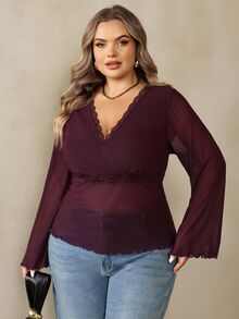 SHEIN CURVE+ Plus Size 22W Autumn/Winter New Solid Color Mesh & Lace Patchwork Long Sleeve Sexy Top, Elegant Party Style, Christmas Fall - Burgundy - View 4