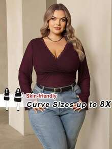 SHEIN CURVE+ Plus Size 22W Autumn/Winter New Solid Color Mesh & Lace Patchwork Long Sleeve Sexy Top, Elegant Party Style, Christmas Fall - Burgundy - View 8