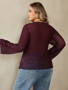 SHEIN CURVE+ Plus Size 22W Autumn/Winter New Solid Color Mesh & Lace Patchwork Long Sleeve Sexy Top, Elegant Party Style, Christmas Fall - Burgundy - View 2