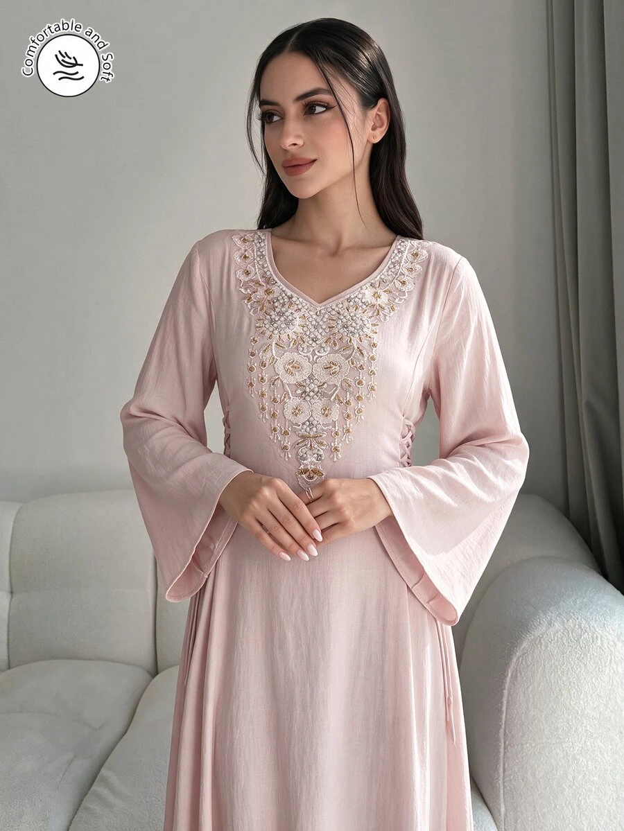 Al Najma 女式 V 领长袖优雅阿拉伯连衣裙,饰有仿珍珠装饰,端庄大方 - 淺粉色 - 查看 1