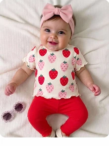 SHEIN Newborn Baby Girl Summer Cute Cartoon & Fruit Pattern Short Sleeve T-Shirt And Elastic Waist Long Pants Set - Red - View 1