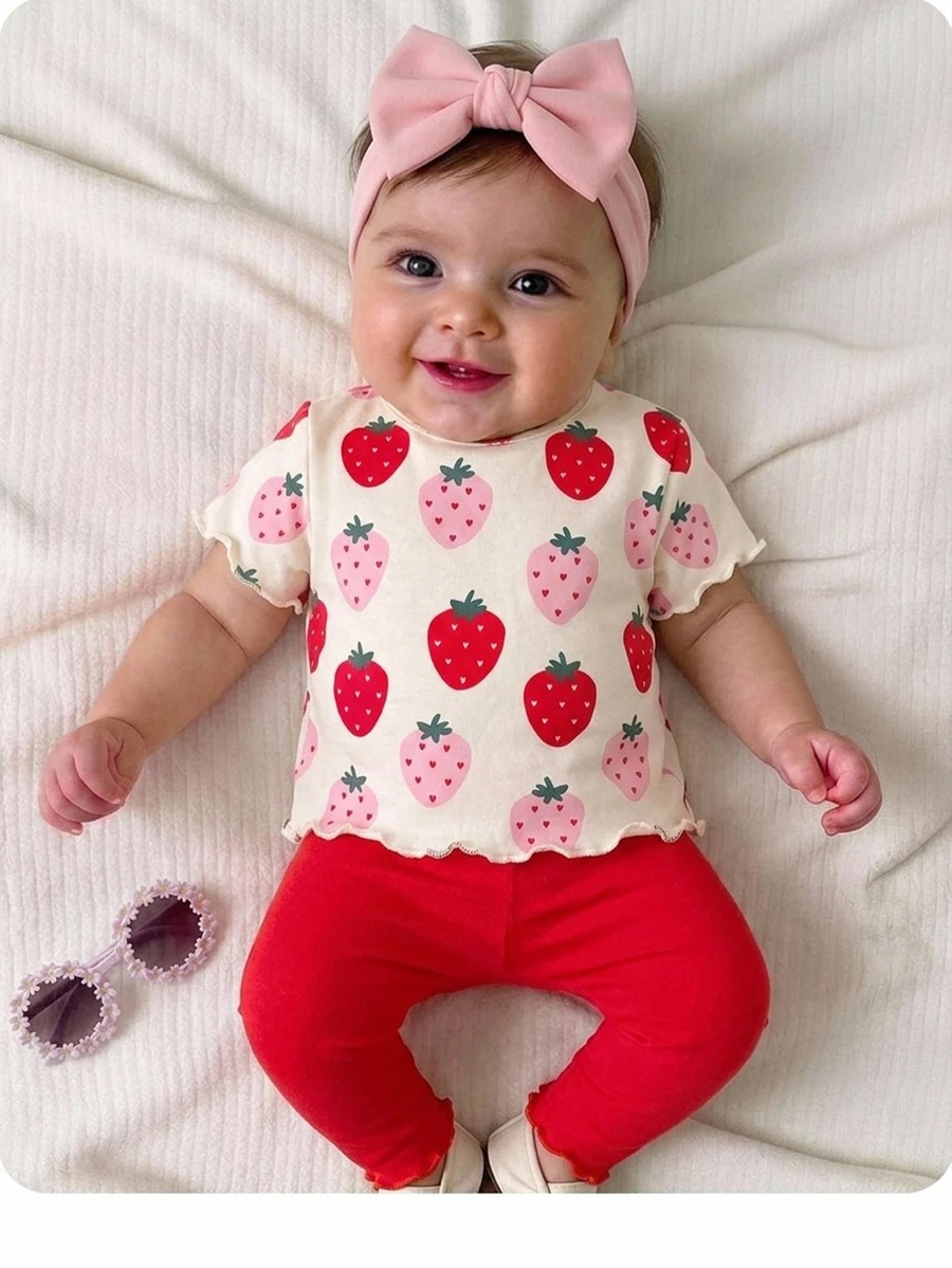 SHEIN Newborn Baby Girl Summer Cute Cartoon & Fruit Pattern Short Sleeve T-Shirt And Elastic Waist Long Pants Set - Red - View 1