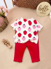 SHEIN Newborn Baby Girl Summer Cute Cartoon & Fruit Pattern Short Sleeve T-Shirt And Elastic Waist Long Pants Set - Red - View 2