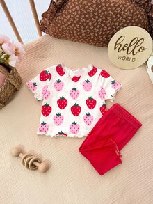SHEIN Newborn Baby Girl Summer Cute Cartoon & Fruit Pattern Short Sleeve T-Shirt And Elastic Waist Long Pants Set - Red - View 4
