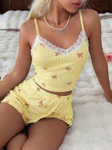 SHEIN Casual Underwear&Sleepwear 女款蕾絲拼接條紋蝴蝶結印花細肩帶背心與短褲睡衣套裝 - 黃色 - 查看 6