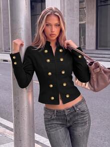 SHEIN ICON Women's Autumn/Winter Black Napoleon Slim Fit Long Sleeve Jacket - Black - View 4