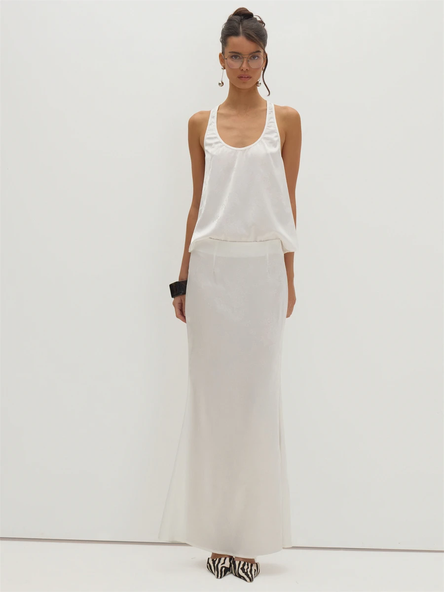 MUSEYN White Satin Jacquard Low Waist Maxi Skirt Versatile Evening Date Night Chic New Season Fall Party Elagant - White - View 1