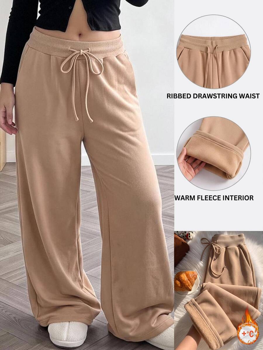 Comfortcana Plus Size Women's Casual Elegant Thermal Lined Long Sweatpants, Autumn/Winter Formal Home Wear Brown - Khaki - View 1