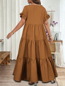 Vionelle Plus Size Women French Casual Boho Elegant Loose Round Neck Short Sleeve Dress Thanksgiving Vacation Camel Summer - Rust Brown - View 2