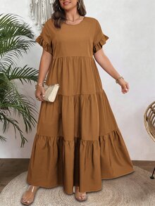 Vionelle Plus Size Women French Casual Boho Elegant Loose Round Neck Short Sleeve Dress Thanksgiving Vacation Camel Summer - Rust Brown - View 3