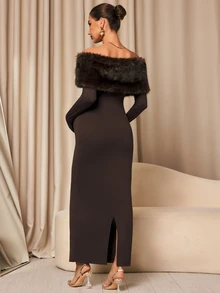 MaterniChic Maternity Off-Shoulder Elegant Party Dress - Brown - View 3