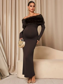 MaterniChic Maternity Off-Shoulder Elegant Party Dress - Brown - View 6