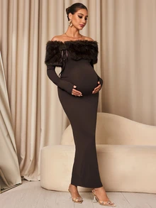 MaterniChic Maternity Off-Shoulder Elegant Party Dress - Brown - View 5
