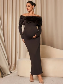 MaterniChic Maternity Off-Shoulder Elegant Party Dress - Brown - View 1