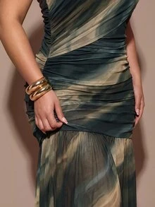 SHEIN BAE CURVE 大尺碼女款紮染單肩抓褶洋裝，秋季新年派對正式晚宴優雅禮服 - 彩色 - 查看 4