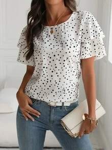 SHEIN PariChic Women's Polka Dot Printed Short Sleeve Shirt - White - View 3