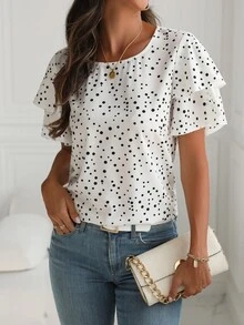 SHEIN PariChic Women's Polka Dot Printed Short Sleeve Shirt - White - View 7