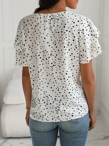 SHEIN PariChic Women's Polka Dot Printed Short Sleeve Shirt - White - View 2