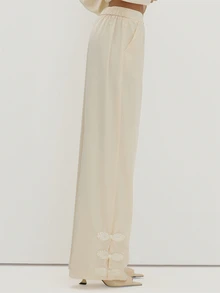 MUSEYN Cream Satin Elasticated Waist Knot Detail Trousers Versatile Evening Date Night Chic New Season Fall Party Elagant - Cream - View 3