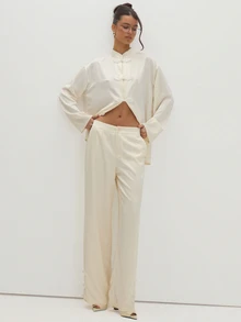 MUSEYN Cream Satin Elasticated Waist Knot Detail Trousers Versatile Evening Date Night Chic New Season Fall Party Elagant - Cream - View 1